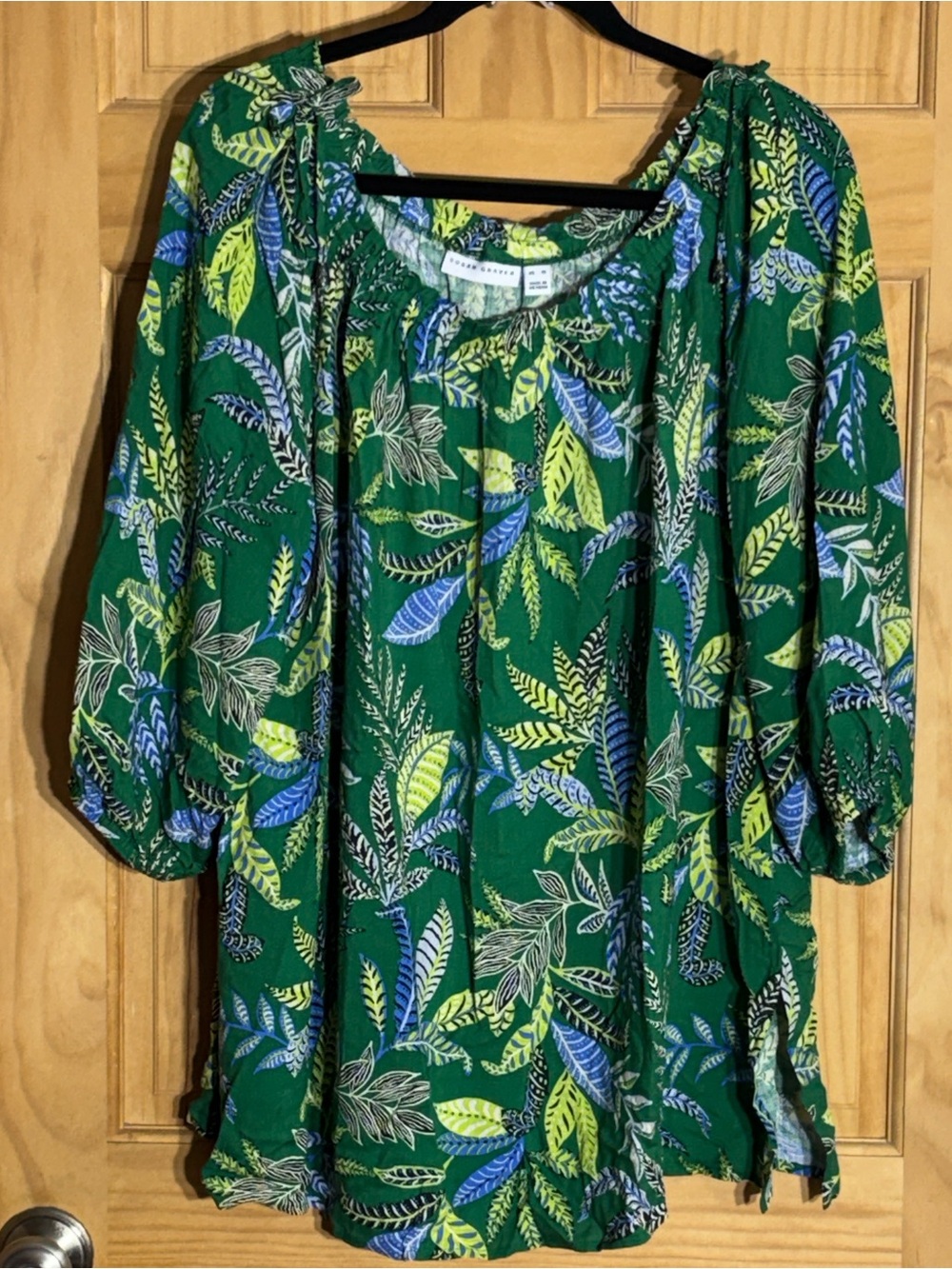 Susan Graver Green Leaf-Print Peasant Blouse